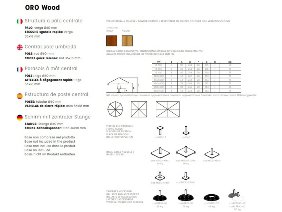 Ombrellone a palo centrale Oro Wood 3X3 mt